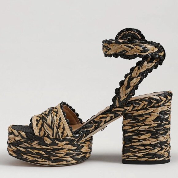 Sam Edelman Black Natural Raffia Lliana sz 7 Woven Platform Sandals Ankle Strap - Picture 3 of 15